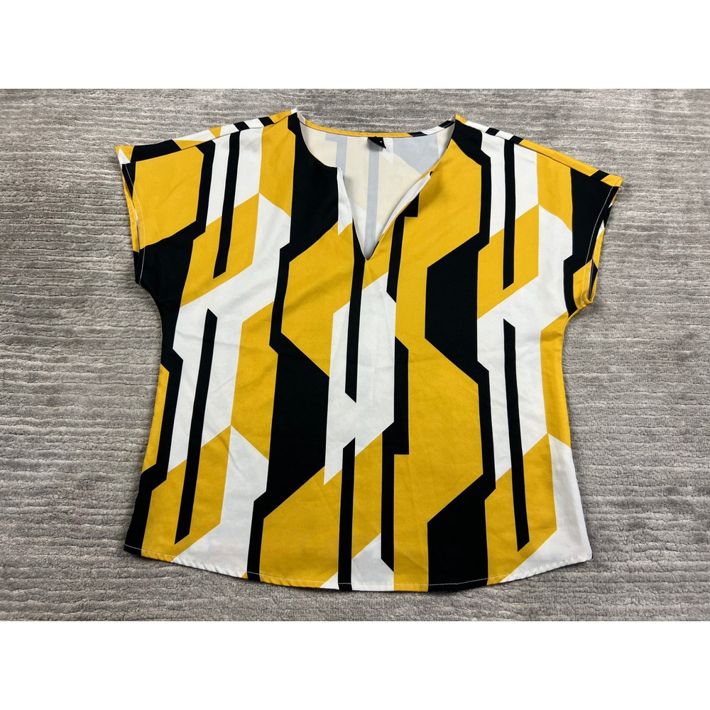 SHEIN Blouse Womens S Yellow Geometric Abstract V-Neck Short Sleeve Top Top